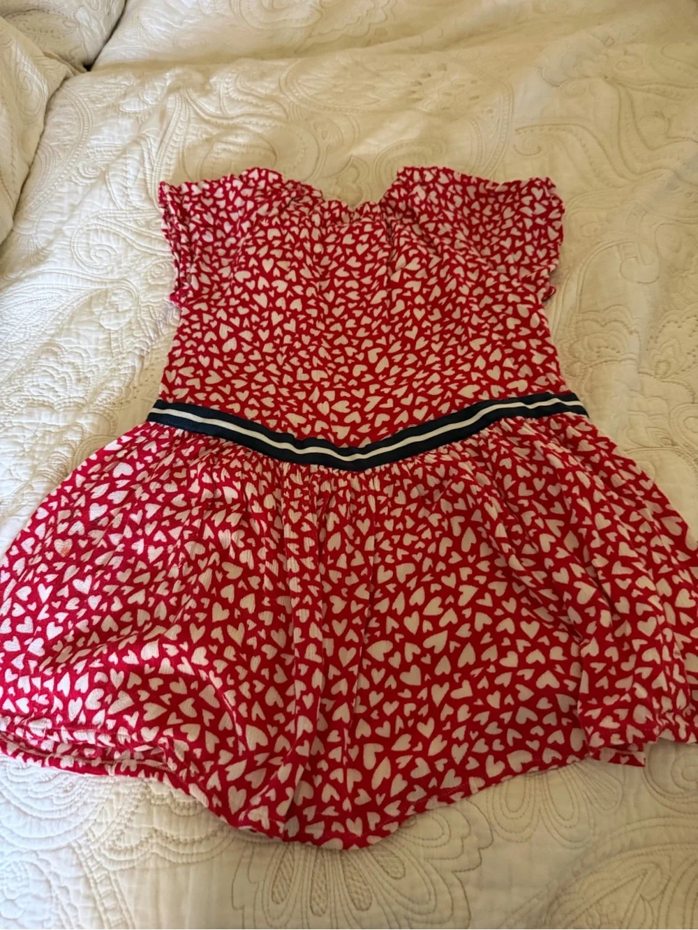 Gymboree Red and White Heart-Print Dress with Navy Waist Trim